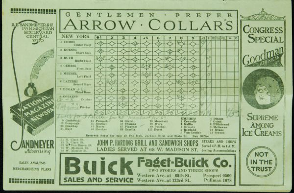 Lou Gehrig Signed 1927 Comiskey Scorecard (PSA/DNA)