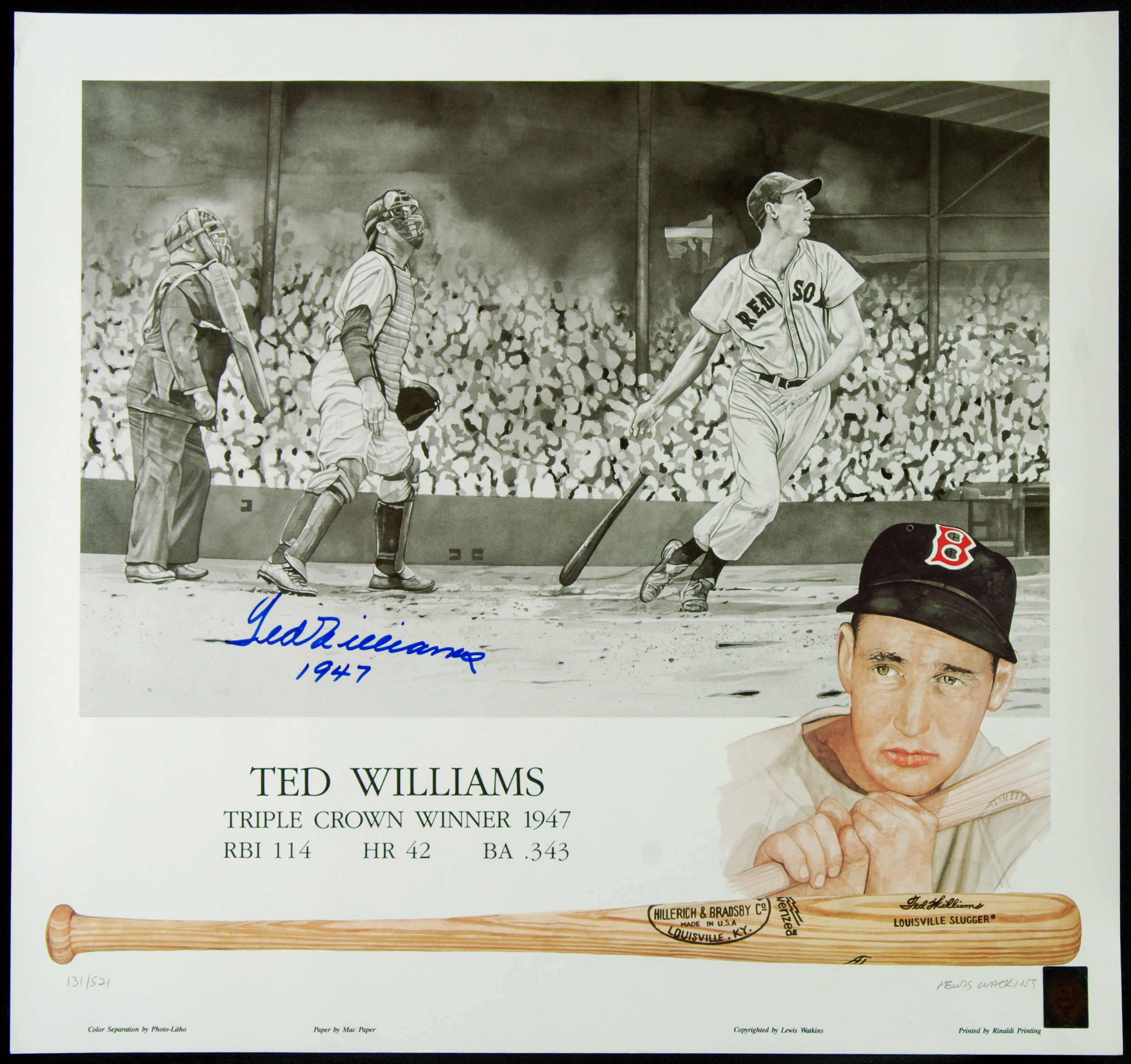 Ted Williams Autographed 1947 Triple Crown 25 x 23.5 Lithograph Artist  Proof by Lewis Watkins (JSA Letter)