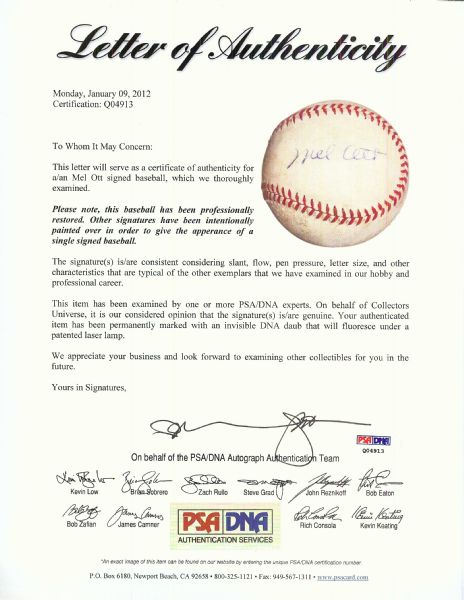 Mel Ott Signed ONL Baseball (PSA/DNA)