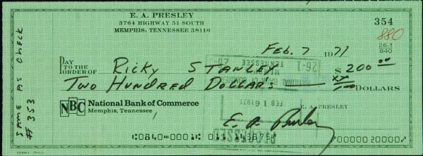 Elvis Presley Signed Personal Check (1971) to Memphis Mafia Member (PSA/DNA)