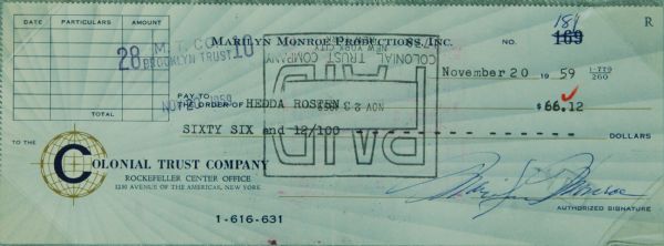 Marilyn Monroe Signed Check (1959) with Joe DiMaggio Cut Signature Display