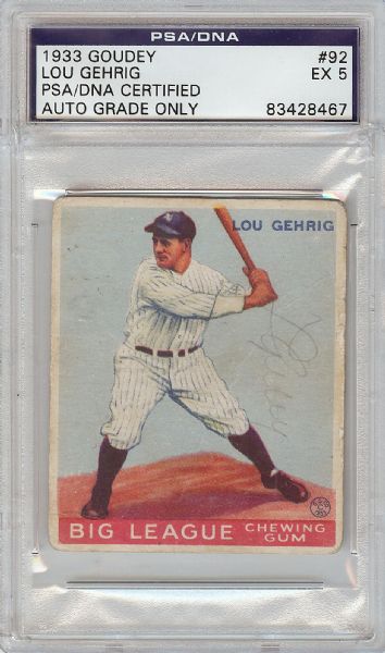 Lou Gehrig Signed 1933 Goudey No. 92 (Graded PSA/DNA 5)