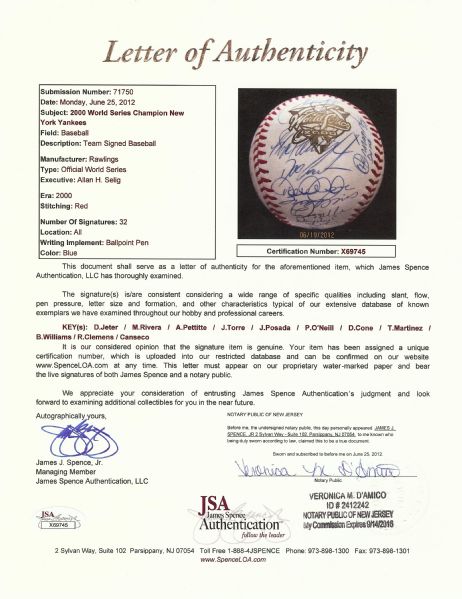 2000 New York Yankees World Champions Team-Signed World Series Baseball (32) (JSA)