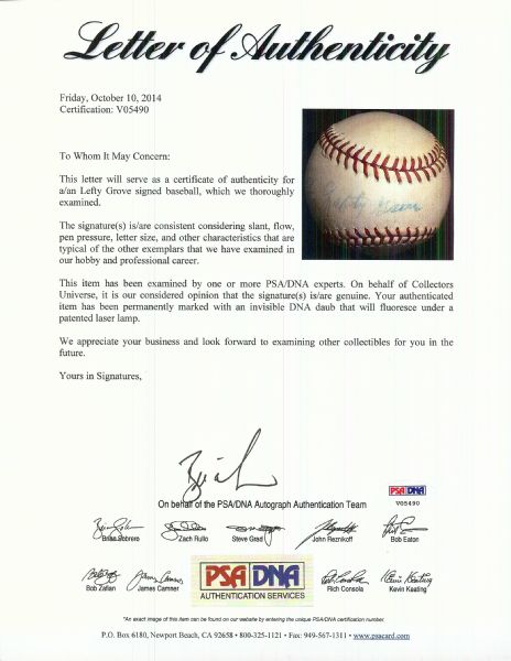 Lefty Grove Single-Signed OAL Baseball (PSA/DNA)