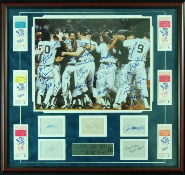 1978 New York Yankees Team-Signed Photo & Index Card Display with Thurman Munson & Games 1-6 Tickets (PSA/DNA)