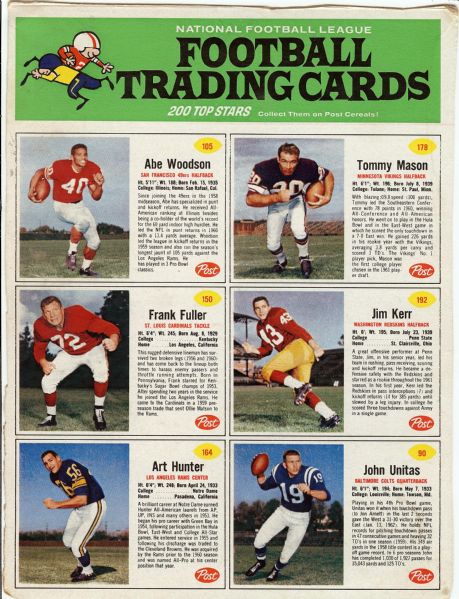 1961 Post Cereal Football Box Backs With 36 Cards, Including Brown, Unitas (6)