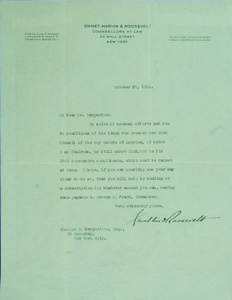 Franklin D. Roosevelt Signed Letter (1921) (Graded PSA/DNA 10)