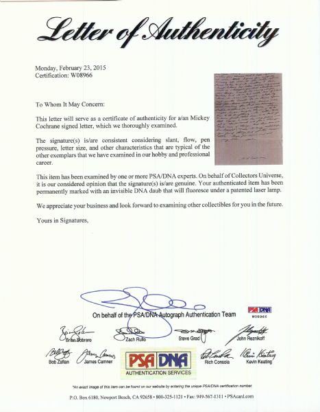 Mickey Cochrane Signed Handwritten Two-Page Letter (PSA/DNA)