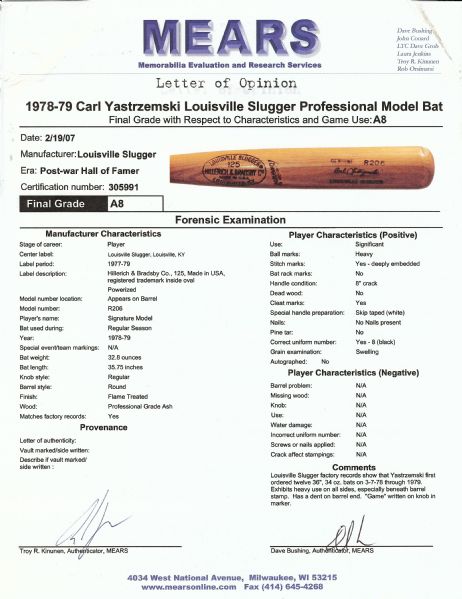 Carl Yastrzemski 1978-79 Game-Used Louisville Slugger Bat (Graded MEARS A8) (Graded PSA/DNA 7)