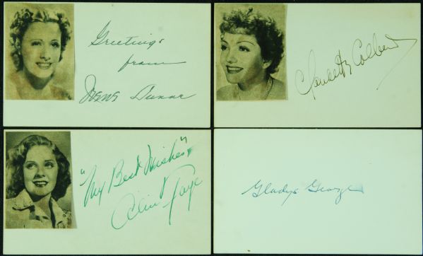 Famous Actress Signed 3x5 Index Cards (4) with Gladys George, Dunne, Colbert, Faye (JSA)