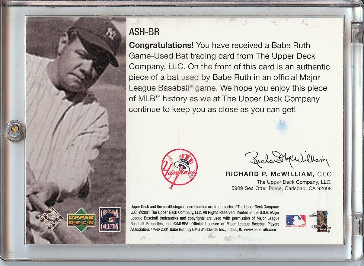 Lot Detail - Babe Ruth 2001 Upper Deck Limited Edition Game Used Bat Card