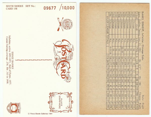 Ernie Banks Signed 1962 Exhibit (Stat Back) & Perez-Steele HOF Cards (2)