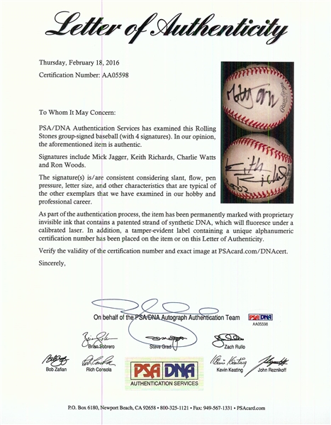 Rolling Stones Group-Signed OML Baseball Dated 2002 (4) (PSA/DNA)