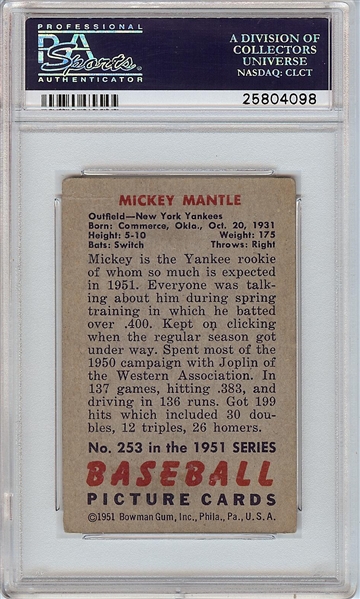 1951 Bowman Mickey Mantle RC No. 253 PSA 3
