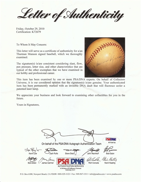 Thurman Munson Pre-Rookie Single-Signed Syracuse Chiefs Baseball (PSA/DNA)