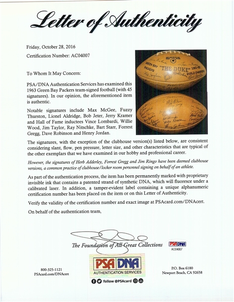 1963 Green Bay Packers Team-Signed Football (45) (PSA/DNA)