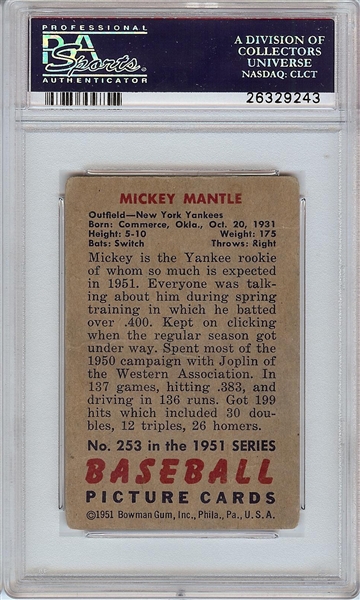 1951 Bowman Mickey Mantle RC No. 253 PSA Authentic