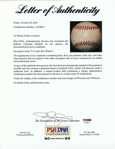 Roberto Clemente Single-Signed Wilson Puerto Rican Pro Baseball (PSA/DNA)