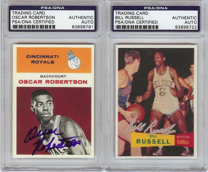 Oscar Robertson & Bill Russell Signed Rookie Reprints (2) (PSA/DNA) 