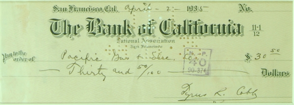 Ty Cobb Signed Oversized Check Display (April 2, 1935) (JSA)