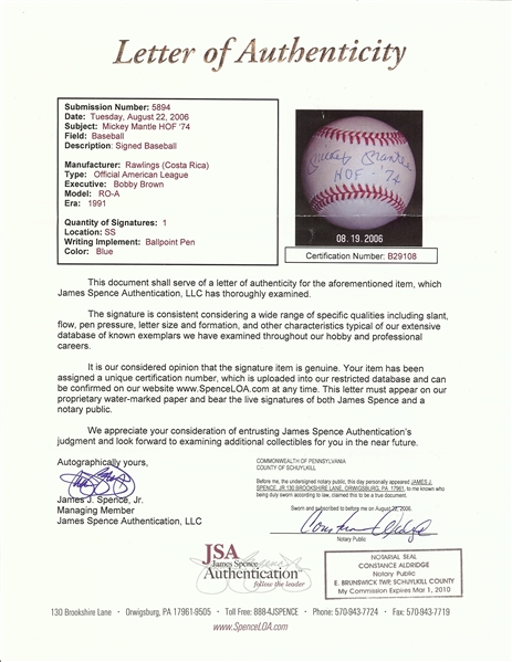 Mickey Mantle Single-Signed OAL Baseball Inscribed HOF 74 (JSA)