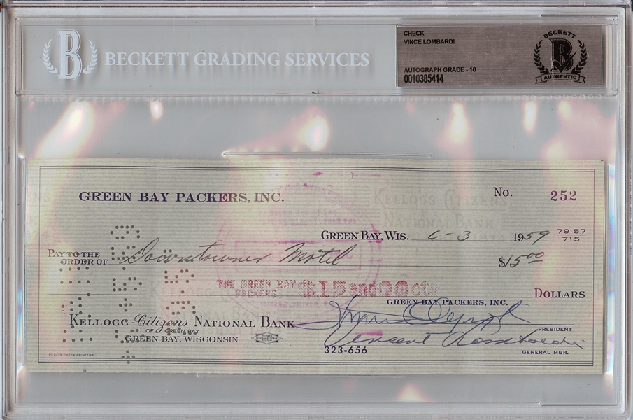 Vince Lombardi Signed Check (1959) (Graded BAS 10)