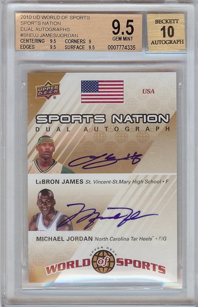 Michael Jordan & LeBron James Signed 2010 UD World of Sports Dual Autograph (1/23) BGS 9.5 (AUTOS 10)