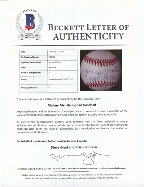 Mickey Mantle Single-Signed OAL Baseball Inscribed HOF 1974 (BAS Auto Grade 9)