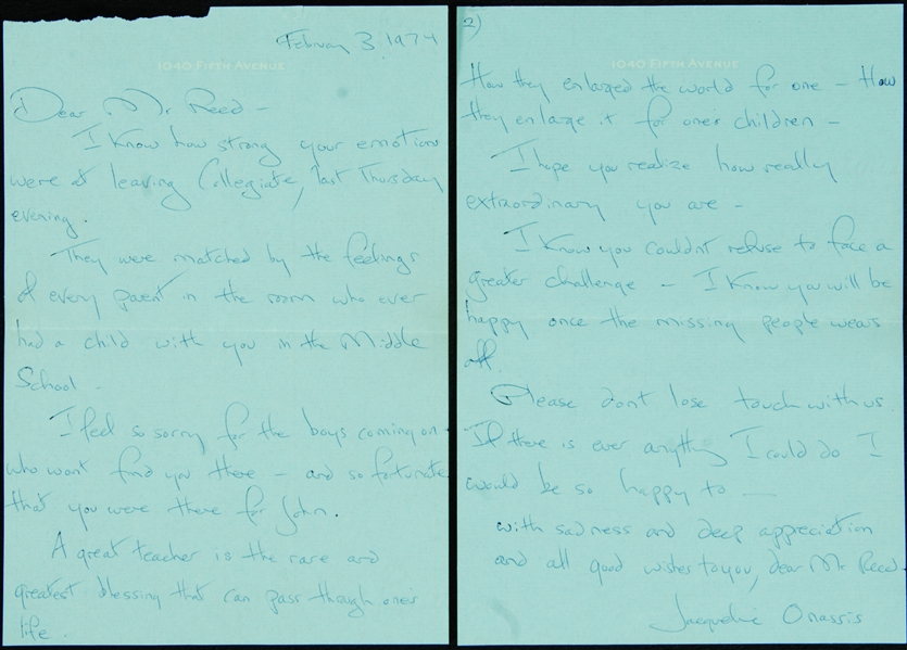 Jacqueline Kennedy Signed Handwritten Two-Page Letter (1974) (BAS)