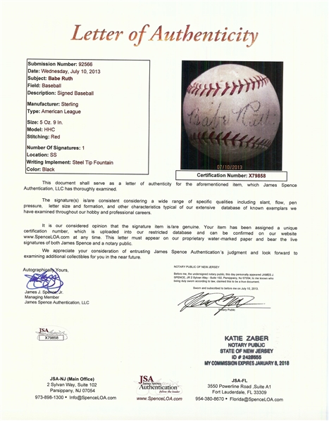 Babe Ruth Single-Signed Sterling American League Baseball (JSA) (BAS)
