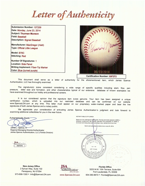 Thurman Munson Single-Signed MacGregor Baseball (JSA)