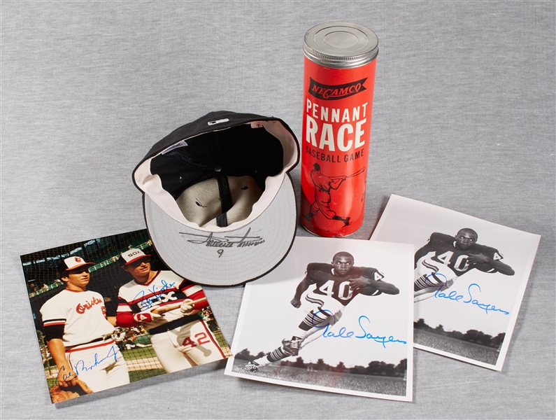 Signed Photo, Hat, Book, 1957 Pennant Race Game Collection w/Ripken Sayers (25)