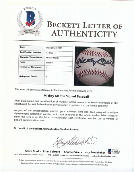 Mickey Mantle Single-Signed Baseball (Graded BAS 9)