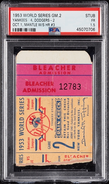1953 World Series Game 2 Ticket Stub (Yankees vs. Dodgers) Mantle's 3rd WS Home Run PSA 1.5
