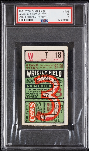 1932 World Series Game 3 Ticket Stub Babe Ruth's Called Shot (Yankees 7, Cubs 5) PSA 1