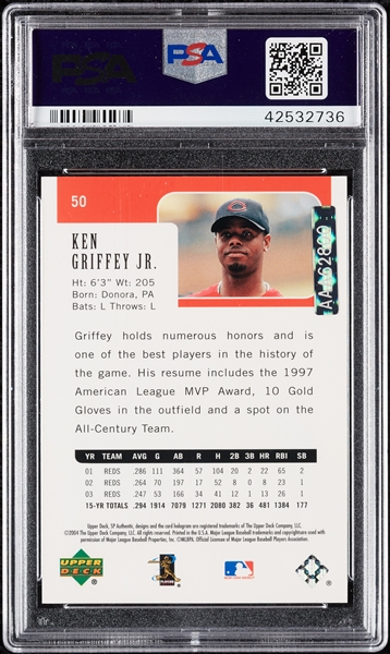 2004 SP Authentic Ken Griffey Jr. Game Dated Autograph No. 50 (#1/1) PSA 9