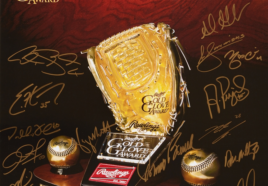 2014 Gold Glove Multi-Signed Poster with Pujols, Yelich, Brett (23) (BAS)