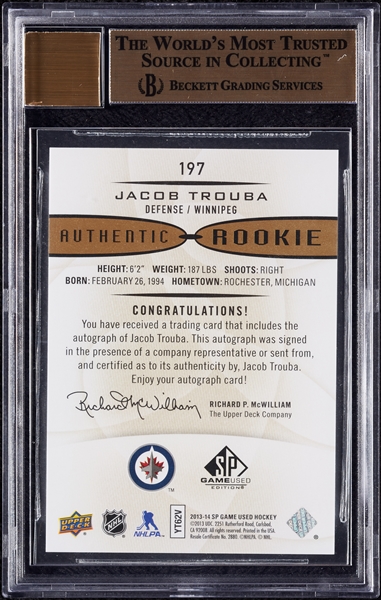 2013-14 SP Game Used Jacob Trouba Gold Autographs No. 197 BGS 9.5 (AUTO 10)