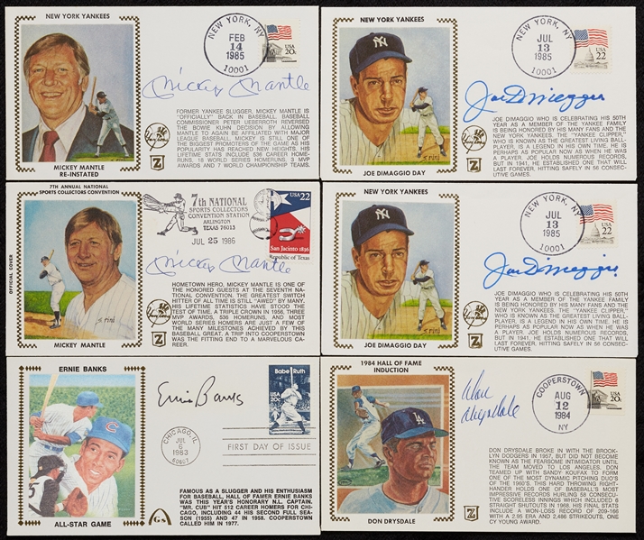 Signed First Day Cover Group with (2) Mantle, (2) DiMaggio, Banks, Drysdale (6)