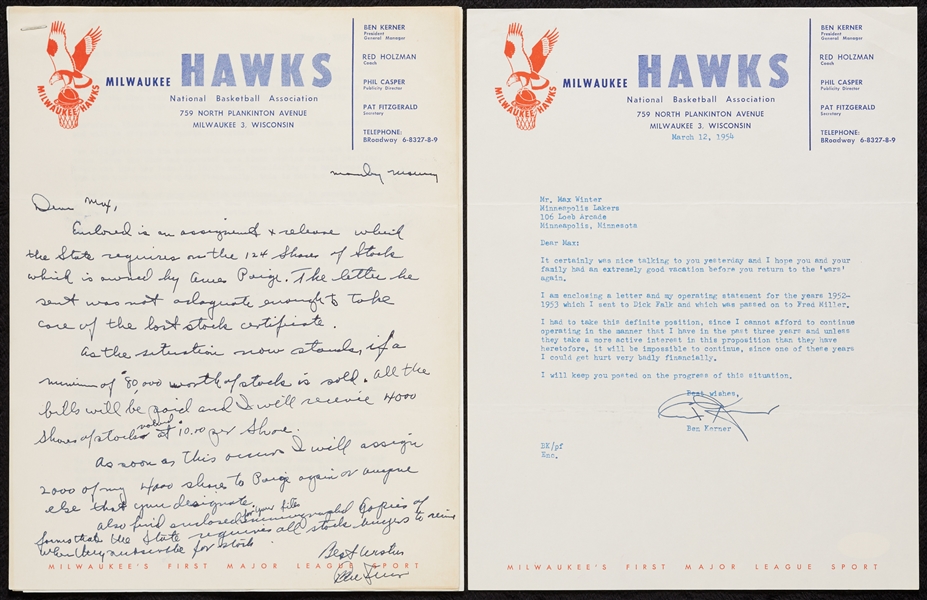 Ben Kerner Signed Milwaukee Hawks Letters Pair (2) (JSA)