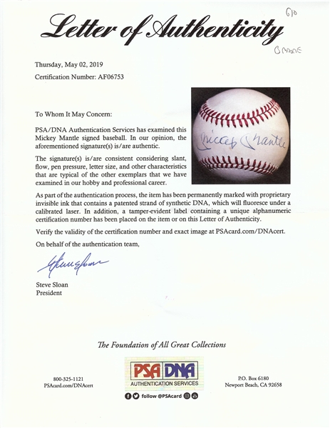 Mickey Mantle Single-Signed OAL Baseball (PSA/DNA)