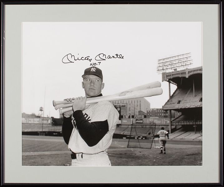 Mickey Mantle Signed 16x20 B&W Photo in Yankee Stadium Inscribed No. 7 (Graded BAS 10)