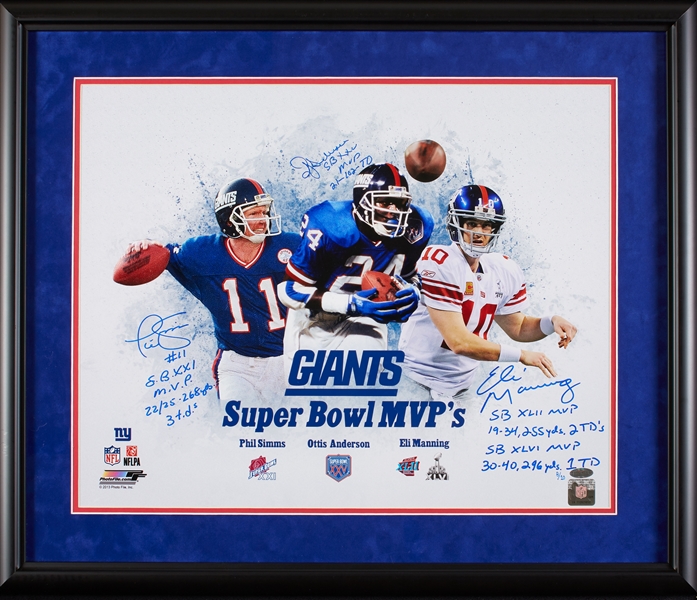 New York Giants Super Bowl MVPs Signed 16x20 Photo with Inscriptions (Manning, Simms, Anderson) (8/10) (Steiner)
