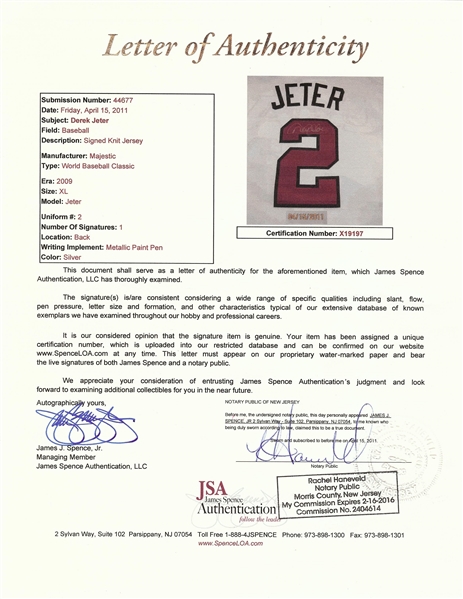 Derek Jeter Signed USA 2009 World Baseball Classic Jersey (JSA)