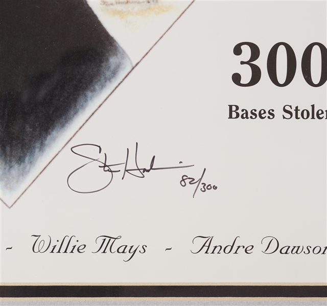 300 Home Runs/300 Stolen Bases Multi-Signed Poster with Bonds, Bonds, Mays, Dawson (4) (82/300) (Steiner)