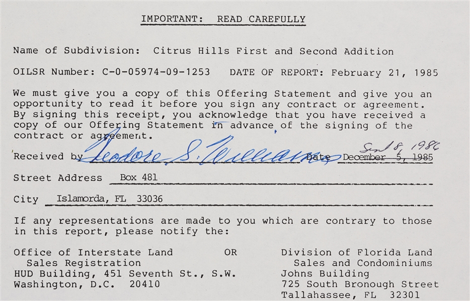 Ted Williams Full Signature Signed Real Estate Document (1985)