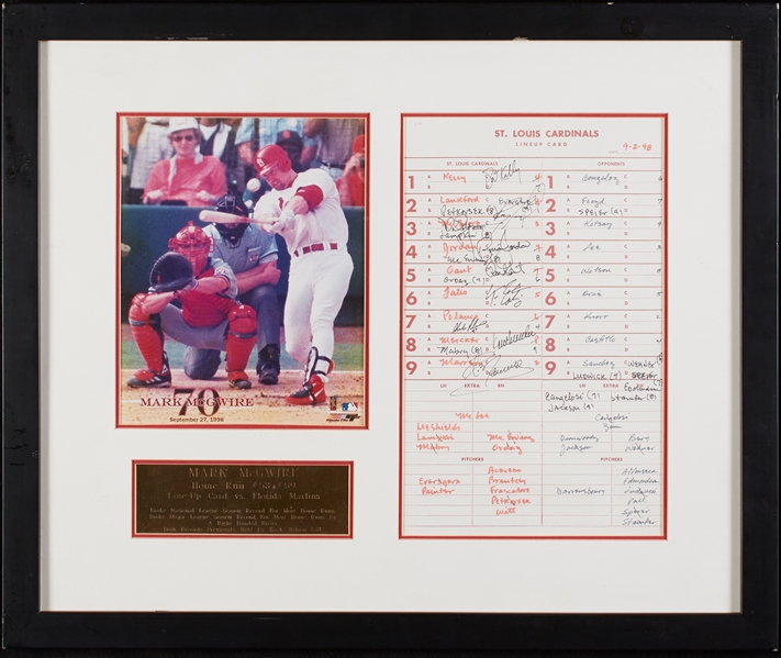 Mark McGwire 1998 HR No. 58 & 59 Dugout Lineup Card Signed by Team (9) (JSA)