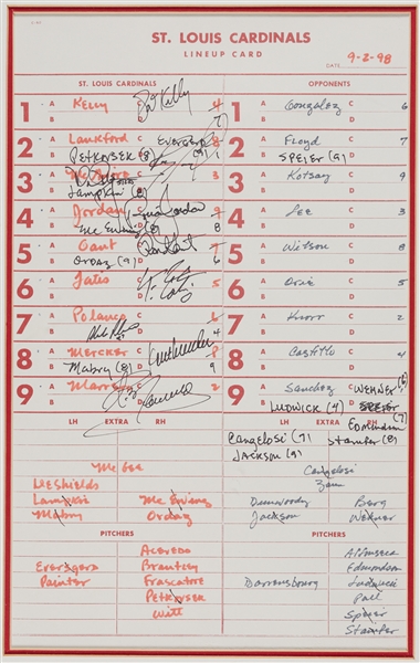 Mark McGwire 1998 HR No. 58 & 59 Dugout Lineup Card Signed by Team (9) (JSA)