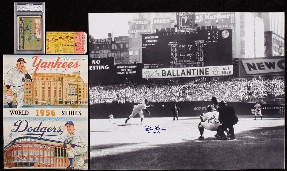 Don Larsen Perfect Game Collection with Program, Ticket Stub, Signed 16x20, Signed Card (4)