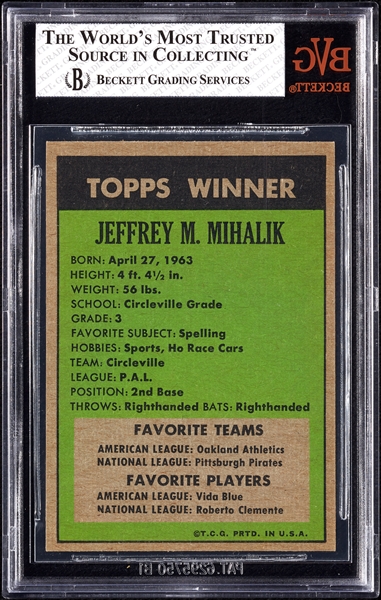 1972 Topps '71 Winner Jeffrey Mihalik No. 12 BVG 6.5
